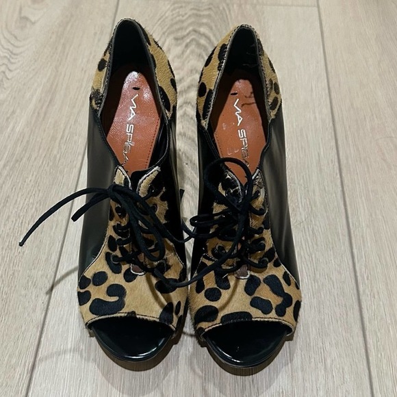 Via Spiga Y2K Leopard calf hair Peep Toe Booties Lace Up Black Leather Trim heel - Picture 4 of 9